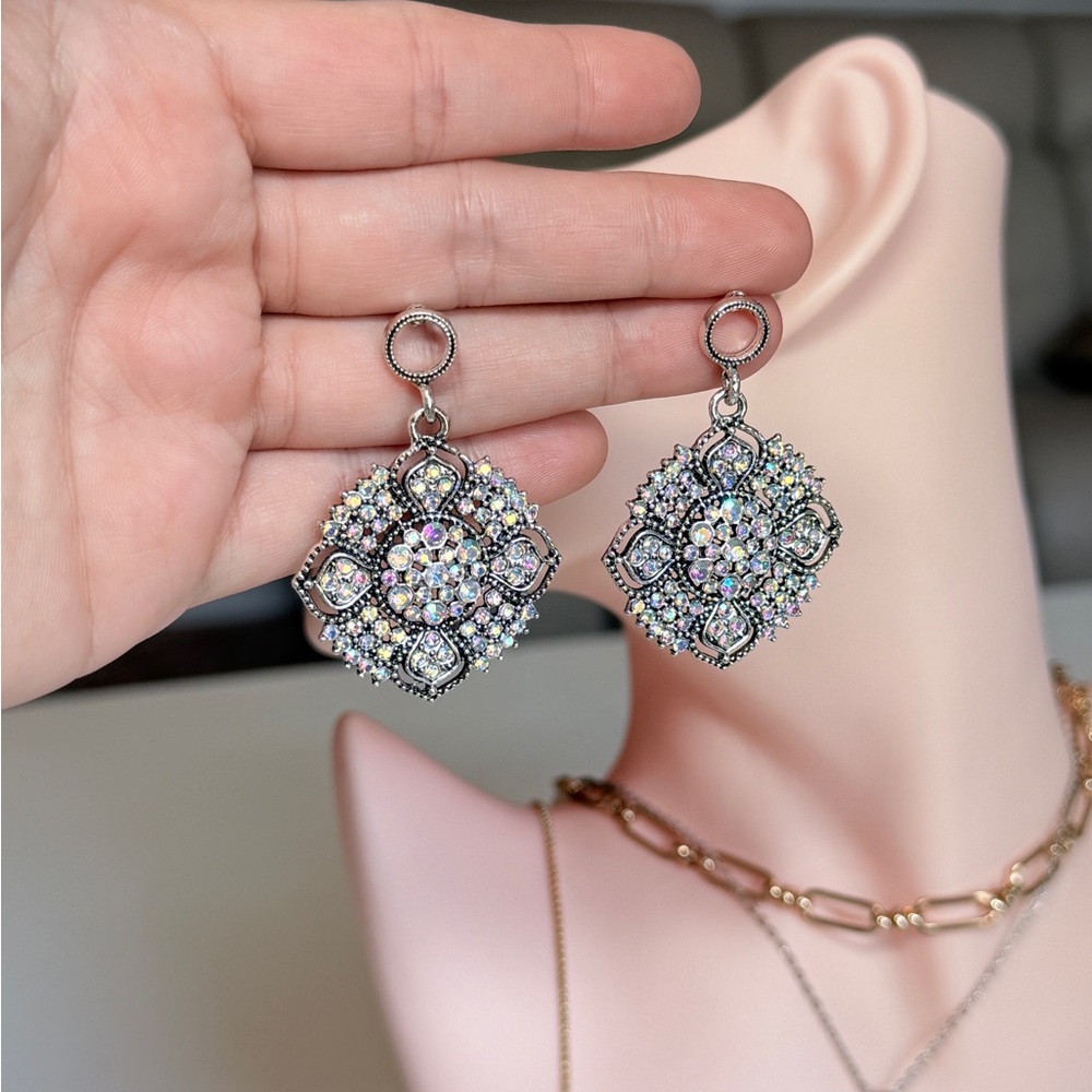 Silver-Tone Crystal Cluster Drop Earrings - Picture 8 of 9